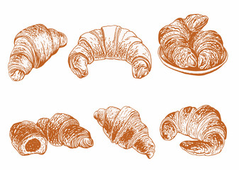 Graphical set of baked croissants isolated on white background,vector food illustration