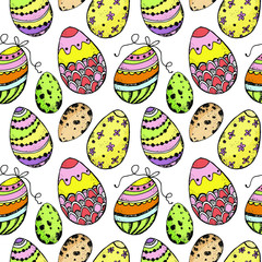 Seamless pattern with colorful easter eggs. Seamless vintage pattern with ink hand drawn Easter eggs. Hand drawn spring background with Easter elements.
