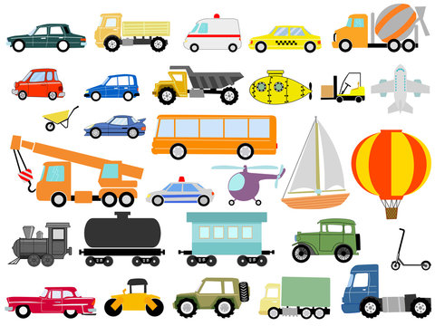 Vector set of vehicles or motor transportations for business and various applications. Side view. Motives of urban life, traffic, speed, delivery, air travels, specialisation cars © Perysty