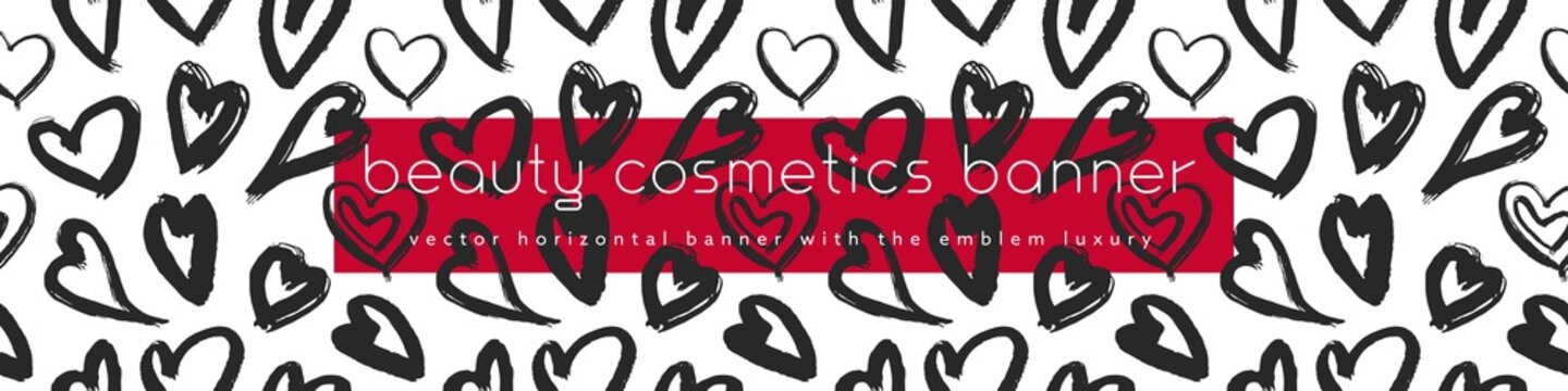 Beauty cosmetics banner. Vector hearts pattern. Beauty salon sign. Fashion seamless pattern. Wedding salon identity design. Cosmetic label tag. Template sales banner. Special offer price.