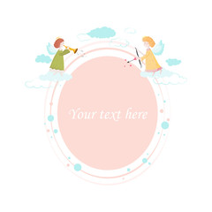 Vector illustration of a frame in coral color with place for your text decorated with angels and clouds, symbol of love, marriage and engagement.