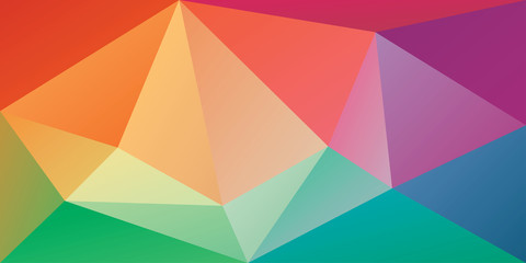 Polygonal triangular background in bright rainbow colors. Colorful banner template. Multicolor geometric backdrop in origami style. Vector eps8 illustration with irregular triangles.