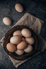 Natural, organic eggs in chicken nest, easter
