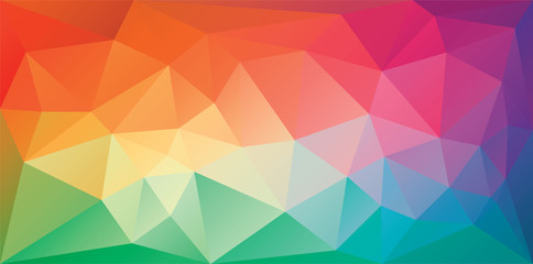 Polygonal triangular background in bright rainbow colors. Colorful banner template. Multicolor geometric backdrop in origami style. Vector eps8 illustration with irregular triangles.