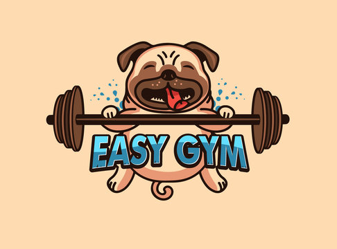 Sport logo and emblem. Easy gym badge, sticker, label on beige background isolated. Funny pug