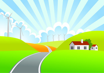 Wind Energy And Rural Landscape, Cartoon Illustrations