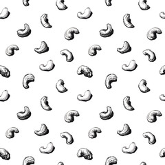 Cashew nuts seamless ink pattern - black and white ink illustration of separate cashews on white paper. Package design for vegan food