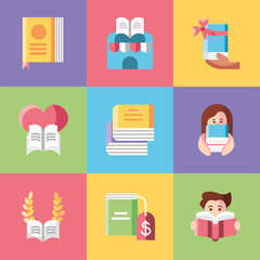 academic books and people reading icon set, colorful style