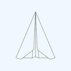Paper plane flat line icon isolated on light blue background. Contour symbol of a papercraft origami airplane. Vector eps8 linear illustration.
