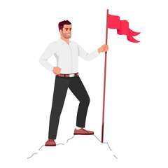 Successful entrepreneur semi flat RGB color vector illustration. Happy businessman on mountain top isolated cartoon character on white background. Marketplace leadership, goal achievement concept