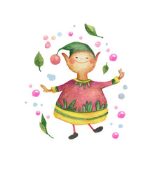 Spring elf dancing with bubbles and leafs. 