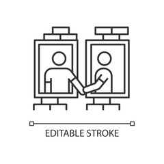 Neighbors in window frames pixel perfect linear icon. Dormitory mates relationship. Dormmates. Thin line customizable illustration. Contour symbol. Vector isolated outline drawing. Editable stroke