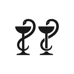 Cup and snake, pharmaceutical symbol black isolated vector icon. Pharmacy, medicine glyph sign.