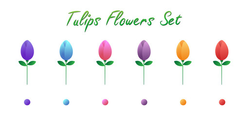 Tulips Flowers Ser isolatd on white, 6 flowers symbols, violet blue pink orchid orange and red colors.
