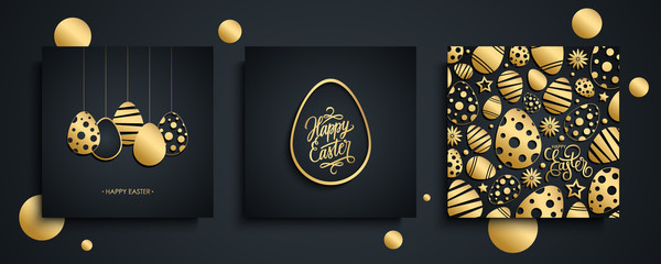 Happy Easter luxury greeting cards set. Easter holiday invitations templates collection with hand drawn lettering and gold easter eggs. Vector illustration.