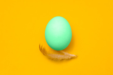 one egg colored in blue mint color and a feather on bottom on yellow background. easter background idea