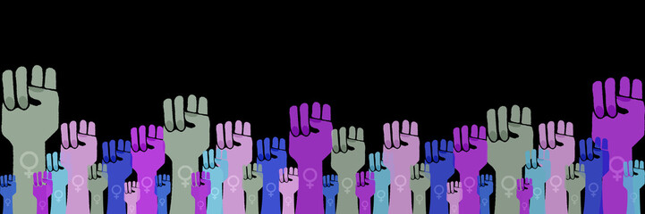 Womens raised fists illustration on black background banner, womens rights, power, solidarity and protest concept