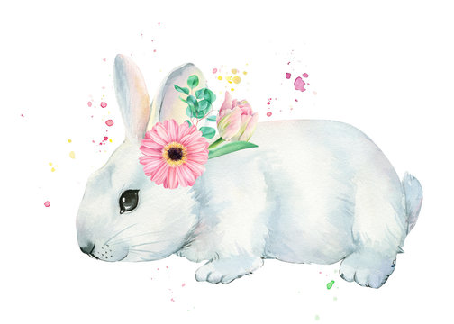 Cute bunny with a wreath of flowers, isolated white background, hand drawing, easter bunnies, watercolor painting, holiday card, poster for children