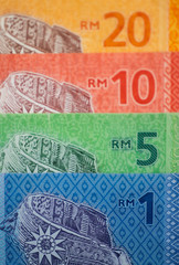 Malaysia currency of Malaysian ringgit banknotes background. Paper money of ten, twenty, fifty and hundred ringgit notes. Financial concept.
