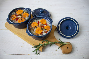 Soup, Vegetable soup, blue pan. Hot soup