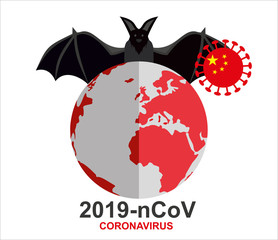 Wuhan coronavirus 2019-nCoV concept. Dangerous chinese nCoV coronavirus. Bat Disease carrier coronavirus outbreak or COVID-19 and world map with coronavirus cell