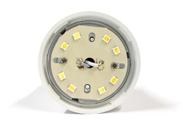 Inside of old LED light bulb on white background, Repair Service, isolated.