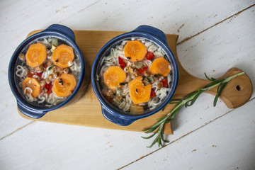 Soup, Vegetable soup, blue pan. Hot soup