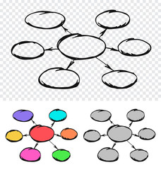 Sketch hand drawn diagram with one elipse in the middle and another six around. Doodle chart scheme in three color variations. Template for mind mapping and other designs. EPS8 vector illustration.