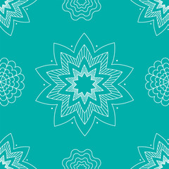 White snowflakes or mandala frost patterns on turquoise background seamless