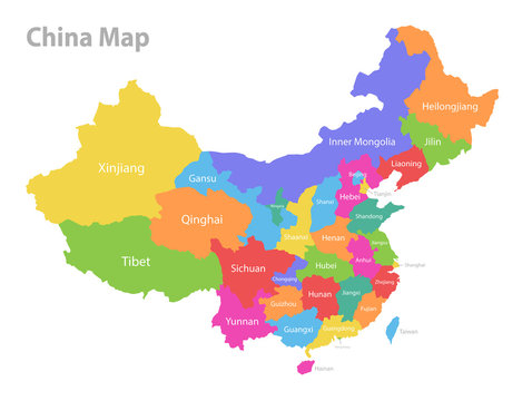 China map, administrative division, separate individual region with names, color map isolated on white background vector
