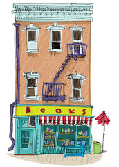 Bookshop building facade. A row of books in the window. Vector illustration. Hand drawn illustration. Cartoon. Caricature