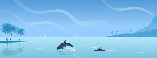 Dolphin diving out of the water against the backdrop of a tropical landscape. Panorama of nature in vector. Paradise islands with palm trees silhouettes.