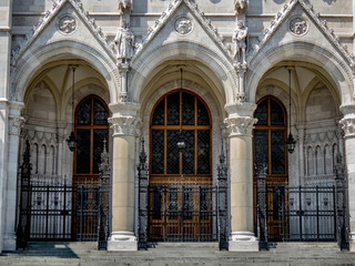Gothic details entrance to Hungarian Parliament , Budapest, Hungary