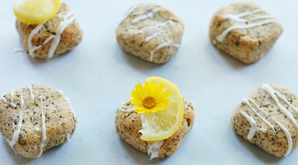 Lemon poppy seed bread squares with icing drizzle.