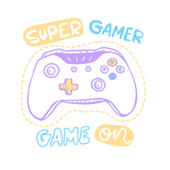 Vector joystick. Text: Super Gamer, Game on. Children's print design for t-shirts. Typography design.