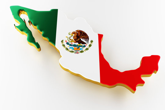 3D map of Mexico. Map of Mexico land border with flag. Mexico map on white background. 3d rendering