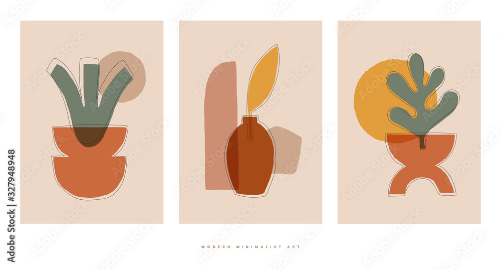 Poster set of trendy compositions with abstract botanical shapes vector illustration. modern minimalist art