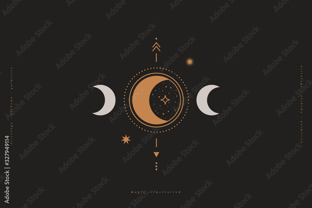 Poster Mystical composition with a crescent, arrows, stars on a dark background. Boho style and esoteric. Ethnic magic and astrological symbols. Vector illustration.