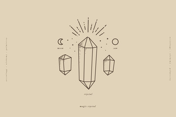Shining crystals, precious mineral stones in a trendy linear style. Magical vector illustration of stone quartz for the design of packaging for handmade products, jewelry, cosmetics.