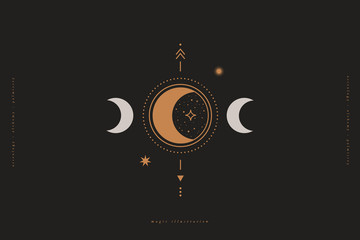 Mystical composition with a crescent, arrows, stars on a dark background. Boho style and esoteric. Ethnic magic and astrological symbols. Vector illustration.