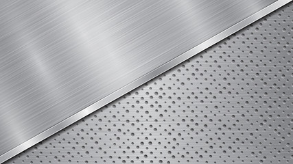 Background in silver and gray colors, consisting of a perforated metallic surface with holes and one big polished plate located in diagonal, with a metal texture, glares and shiny edge
