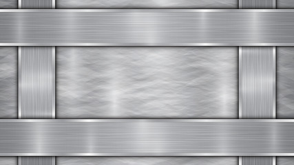 Background in silver and gray colors, consisting of a shiny metallic surface and vertical and horizontal polished plates located on four sides, with a metal texture, glares and burnished edges