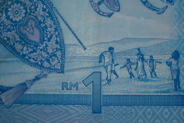 Malaysia currency of Malaysian ringgit banknotes background. Paper money of one ringgit notes on etreme closeup. Financial concept.