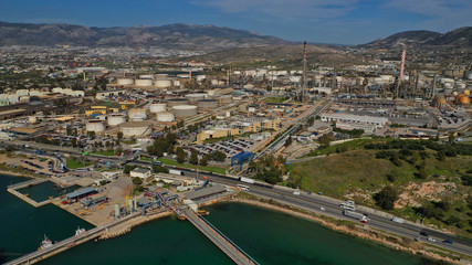 Aerial drone photo of industrial oil refinery of Aspropirgos, Attica, Greece