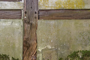 Tratitional half-timbered construction. Old weathered wooden beams
