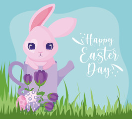 Happy easter rabbit with watering can and eggs vector design