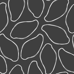 Vector seamless pattern with mangos. Tasty fruits drawn in line art style
