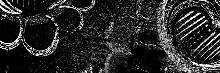 Obraz premium Distress cracks and stains used texture. Grunge rough dirty background. Shabby black cracked marble. Overlay aged dirty grainy pattern. Tie background. Empty ultra-wide aging design element.