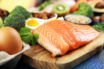 healthy eating and diet concept, natural rich in protein food on rustic table