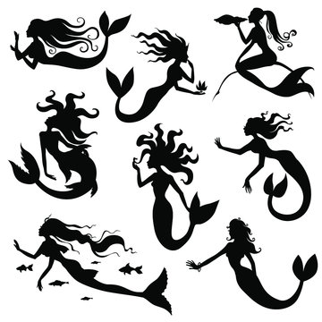 Vector illustrations of silhouette of mermaid set